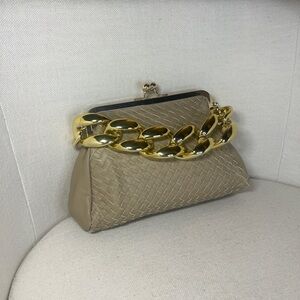 Neutral Woven Frame Clutch with Oversized Gold Chain and crossbody strap